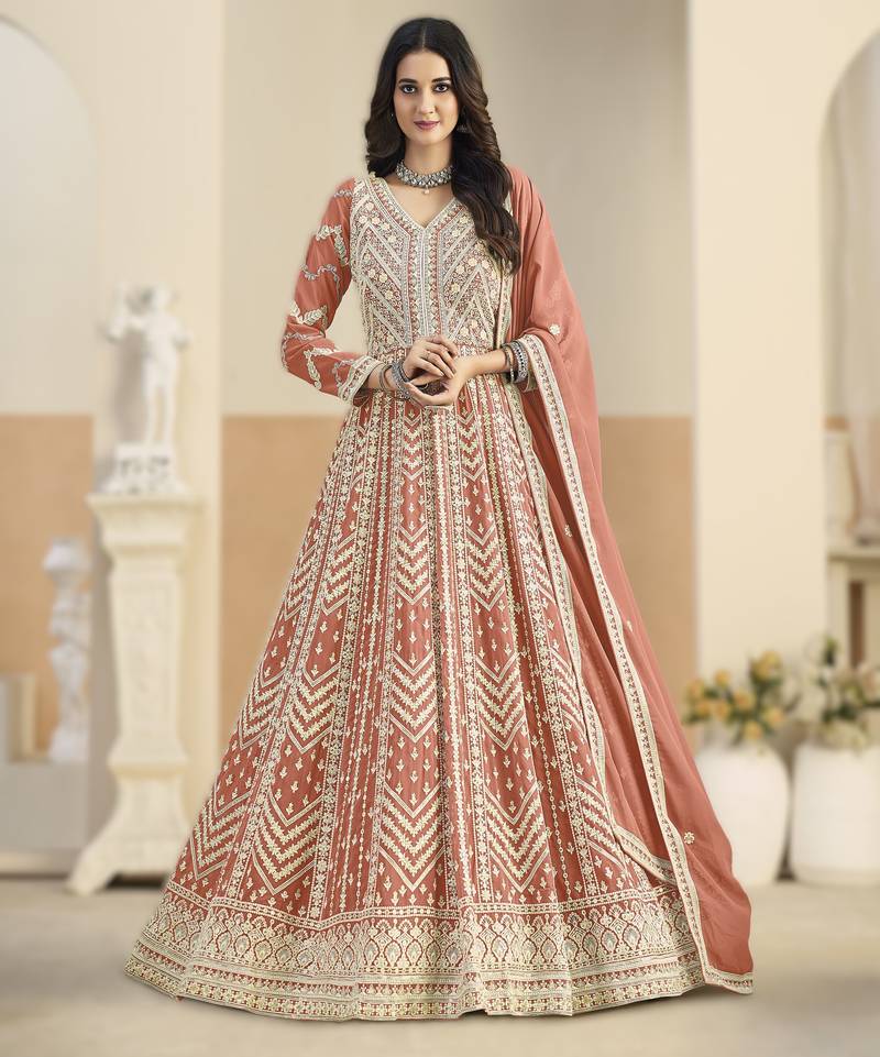 Peach georgette gown with santool bottom & dupatta