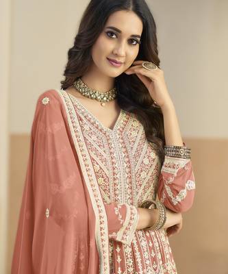 Peach georgette gown with santool bottom & dupatta 3