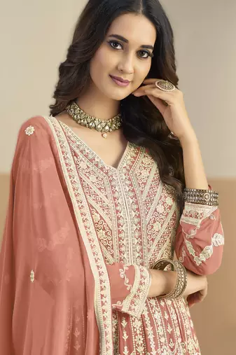Peach georgette gown with santool bottom & dupatta