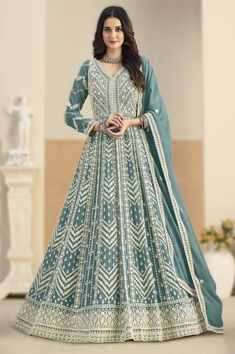 Sea green georgette gown with santool bottom & dupatta