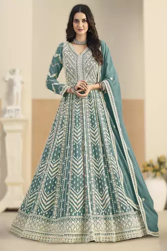 Sea green georgette gown with santool bottom & dupatta
