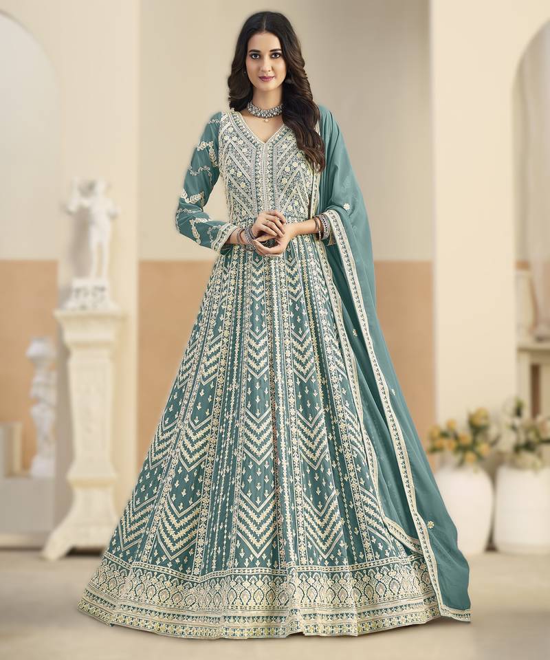 Sea green georgette gown with santool bottom & dupatta
