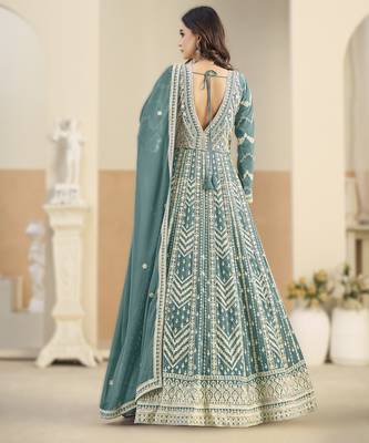 Sea green georgette gown with santool bottom & dupatta 2