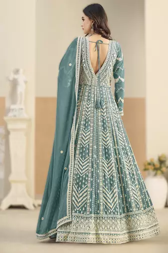 Sea green georgette gown with santool bottom & dupatta