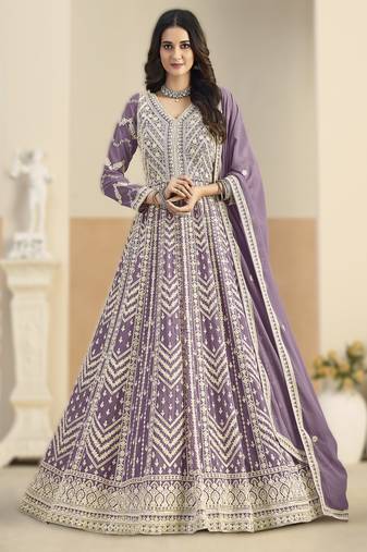 Purple georgette gown with santool bottom & dupatta