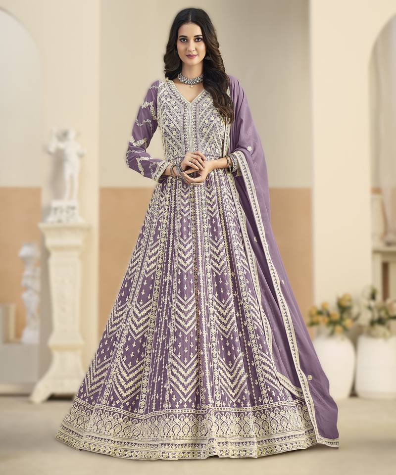 Purple georgette gown with santool bottom & dupatta