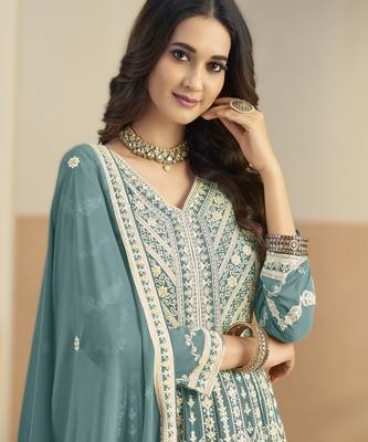 Sea green georgette gown with santool bottom & dupatta 3