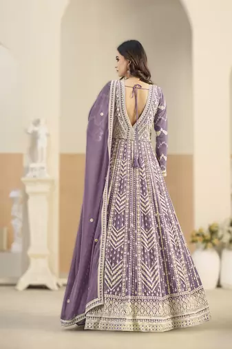 Purple georgette gown with santool bottom & dupatta