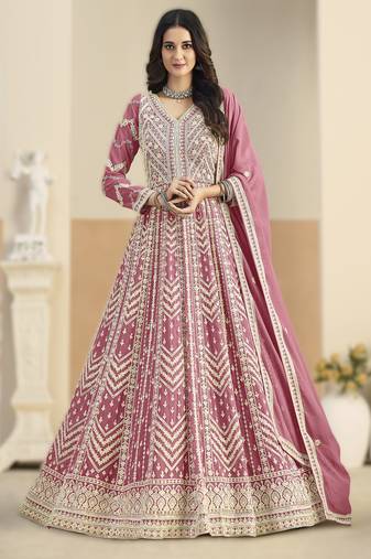 Pink georgette gown with santool bottom & dupatta