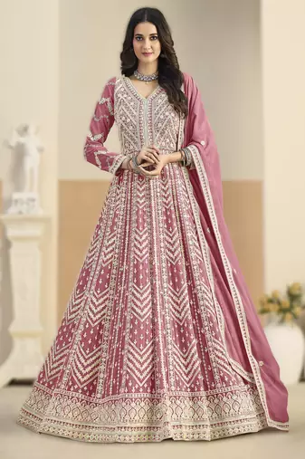 Pink georgette gown with santool bottom & dupatta
