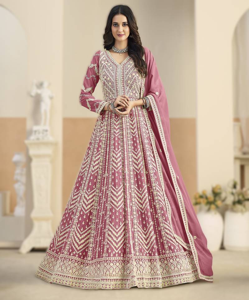 Pink georgette gown with santool bottom & dupatta