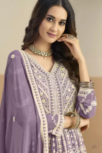 Purple georgette gown with santool bottom & dupatta