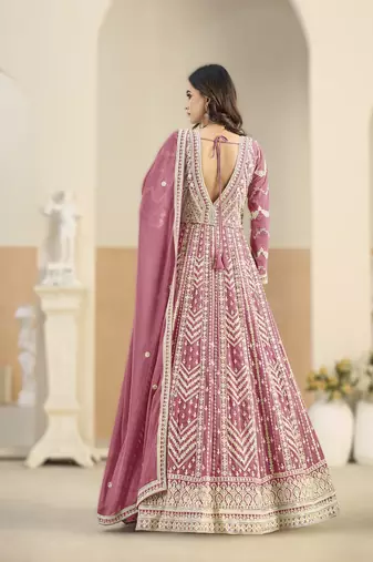 Pink georgette gown with santool bottom & dupatta