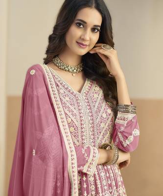Pink georgette gown with santool bottom & dupatta 3