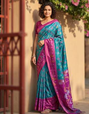 sky blue  pochampalli art silk blend saree for festive 1