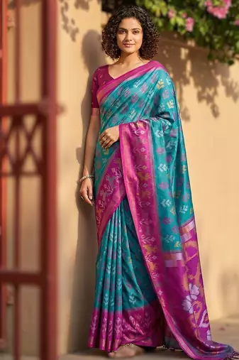 sky blue premium pochampalli art silk saree for festive