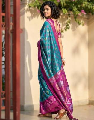 sky blue  pochampalli art silk blend saree for festive 2