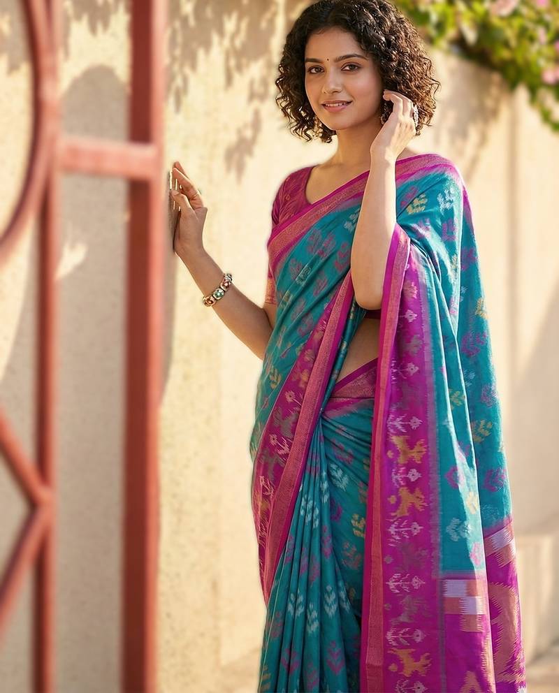 sky blue premium pochampalli art silk saree for festive
