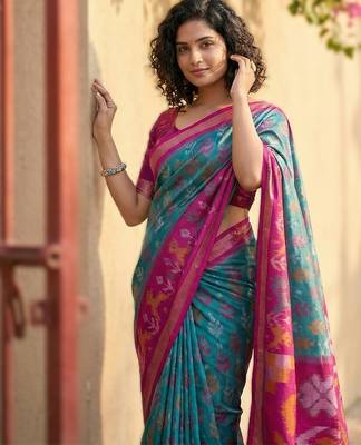 sky blue  pochampalli art silk blend saree for festive 4