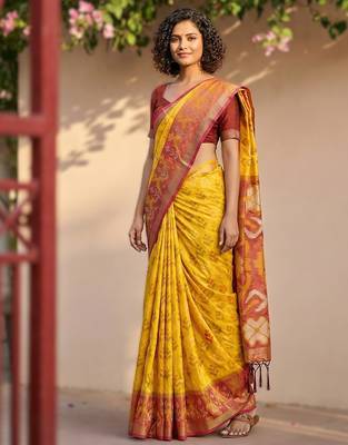 Yellow  pochampalli silk blend saree for festive 1