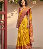 Yellow premium pochampalli silk saree for festive