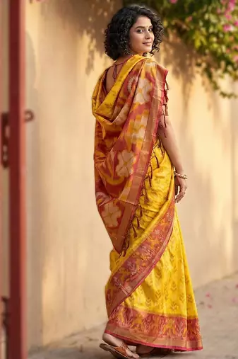 Yellow premium pochampalli silk blend saree for festive