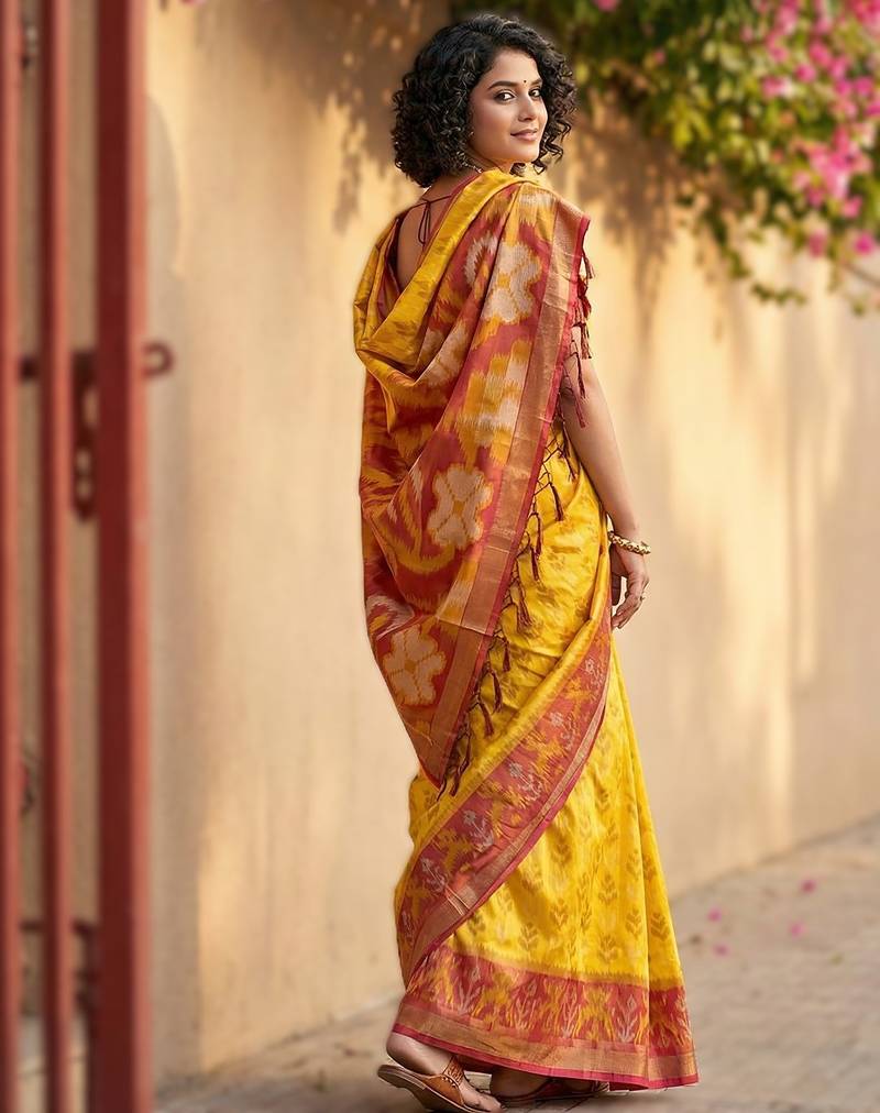 Yellow premium pochampalli silk saree for festive