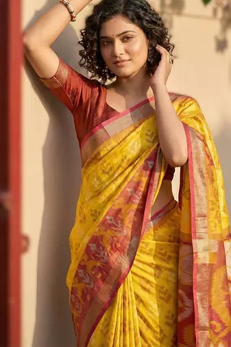 Yellow premium pochampalli silk blend saree for festive