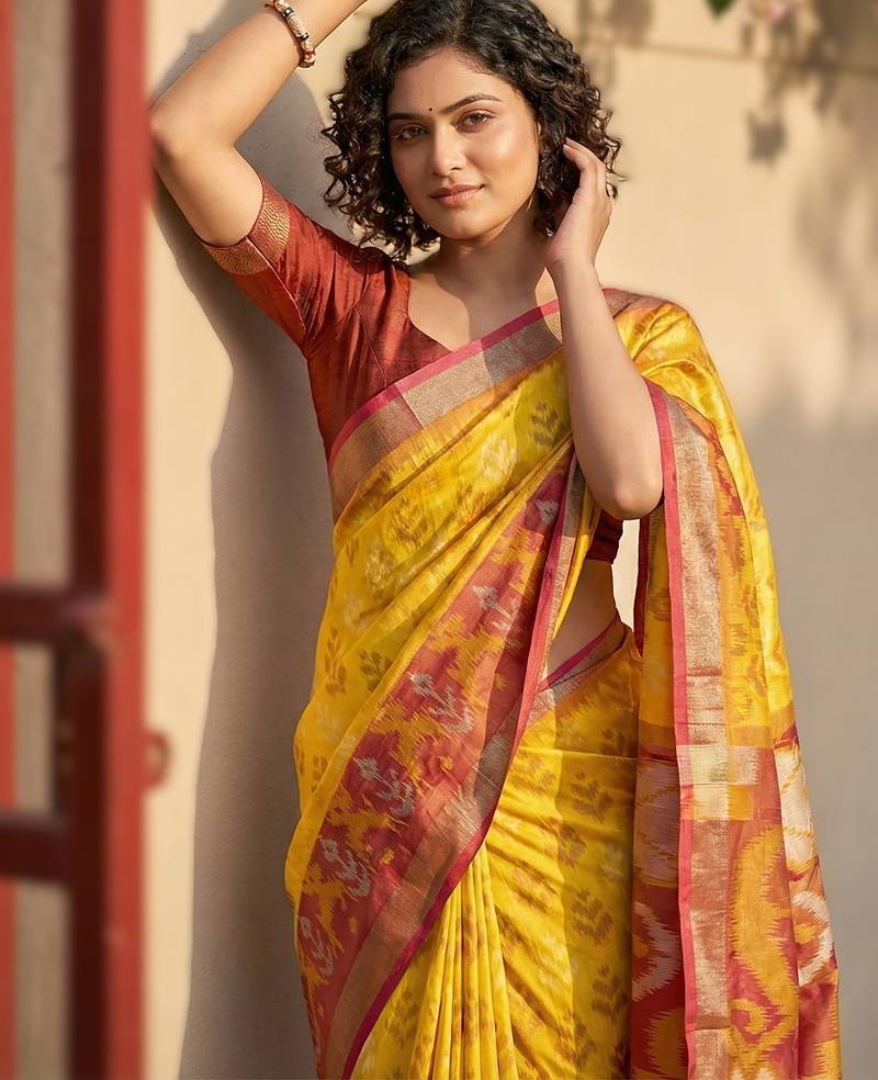 Yellow premium pochampalli silk saree for festive