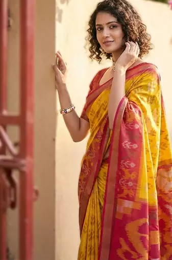 Yellow premium pochampalli silk blend saree for festive