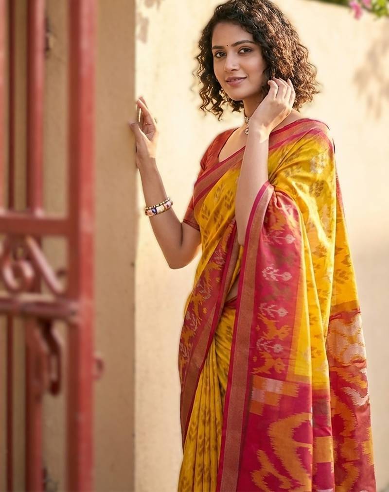 Yellow premium pochampalli silk saree for festive