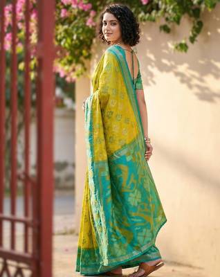 light yellow  pochampalli art silk blend saree for festive  2