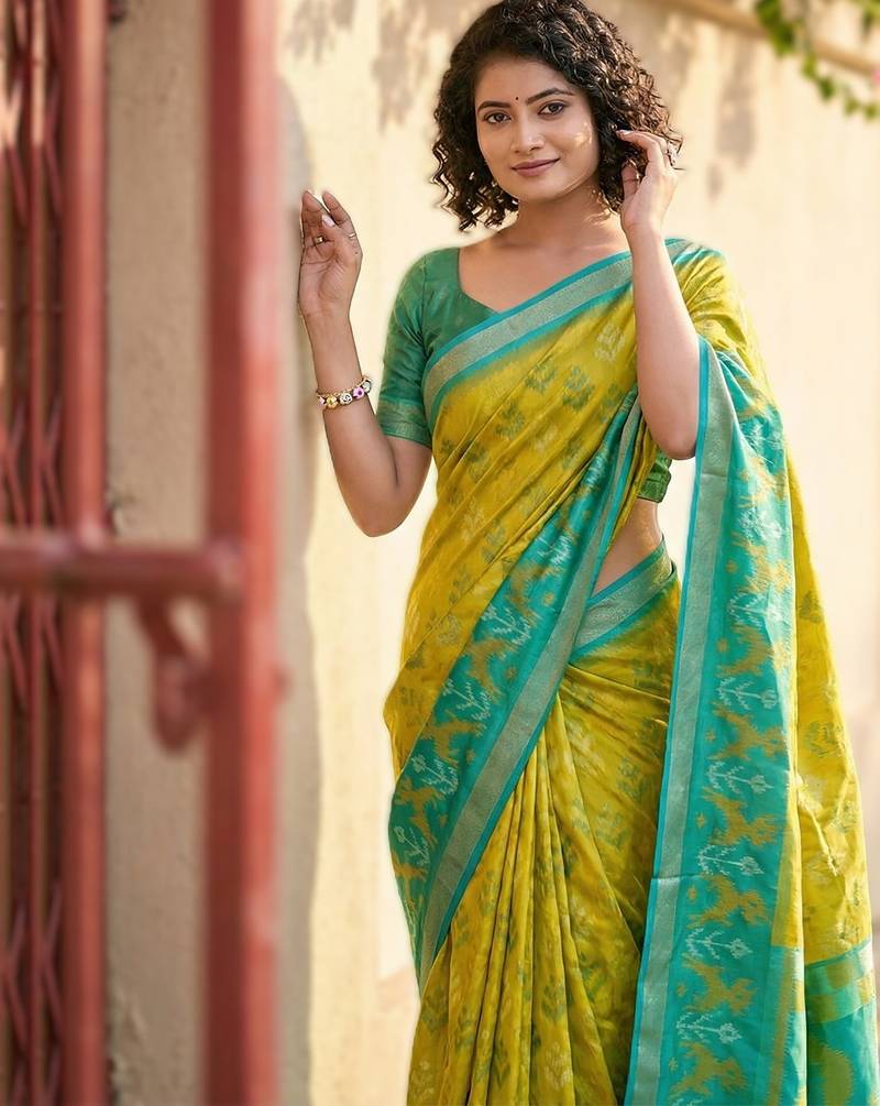 light yellow premium pochampalli art silk saree for festive 