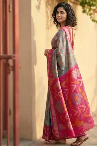 grey premium pochampalli art silk blend saree for festive 