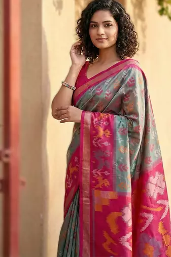 grey premium pochampalli art silk blend saree for festive 