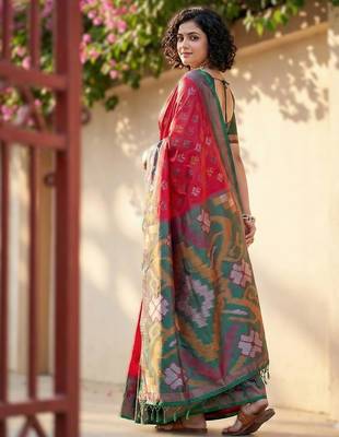 pink  pochampalli art silk blend saree for festive  2