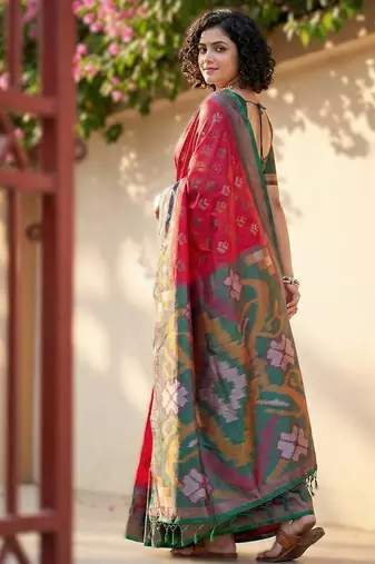 pink premium pochampalli art silk blend saree for festive 