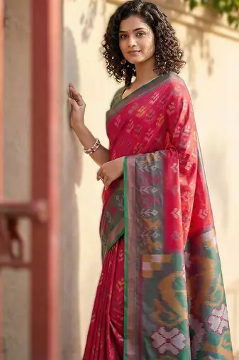 pink premium pochampalli art silk blend saree for festive 