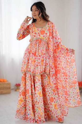 Multi color pure soft tabby organza floral print kediya style kurta set with palazzo & dupatta