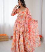 Multi color pure soft tabby organza floral print kediya style kurta set with palazzo & dupatta