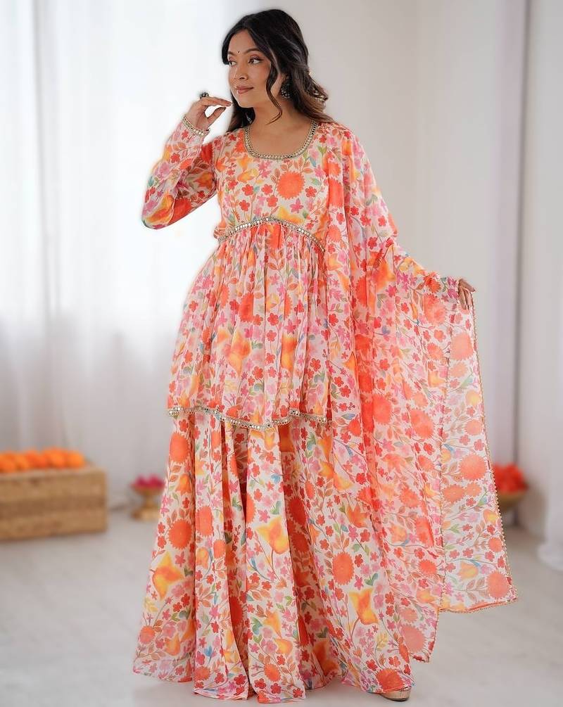 Multi color pure soft tabby organza floral print kediya style kurta set with palazzo & dupatta