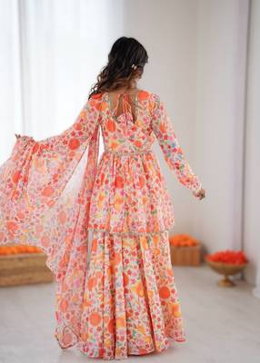 Multipure soft tabby organza floral print kediya style kurta set with palazzo & dupatta 2