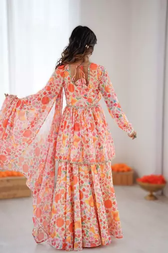 Multipure soft tabby organza floral print kediya style kurta set with palazzo & dupatta