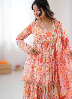 Multipure soft tabby organza floral print kediya style kurta set with palazzo & dupatta 3