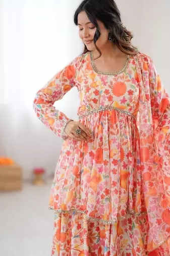Multipure soft tabby organza floral print kediya style kurta set with palazzo & dupatta