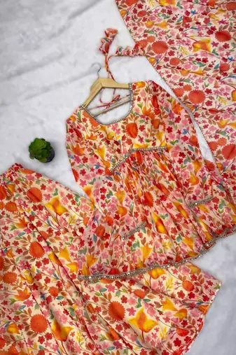 Multipure soft tabby organza floral print kediya style kurta set with palazzo & dupatta