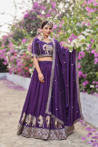 purple vichitra lehenga choli with heavy embroidery