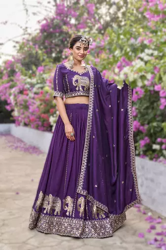 purple vichitra lehenga choli with heavy embroidery