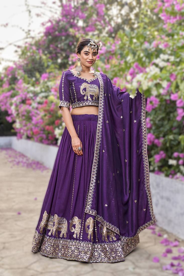 purple vichitra lehenga choli with heavy embroidery