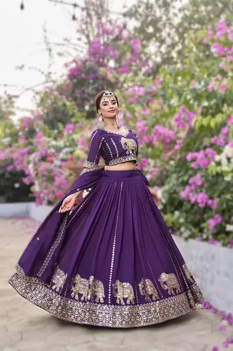 purple vichitra lehenga choli with heavy embroidery